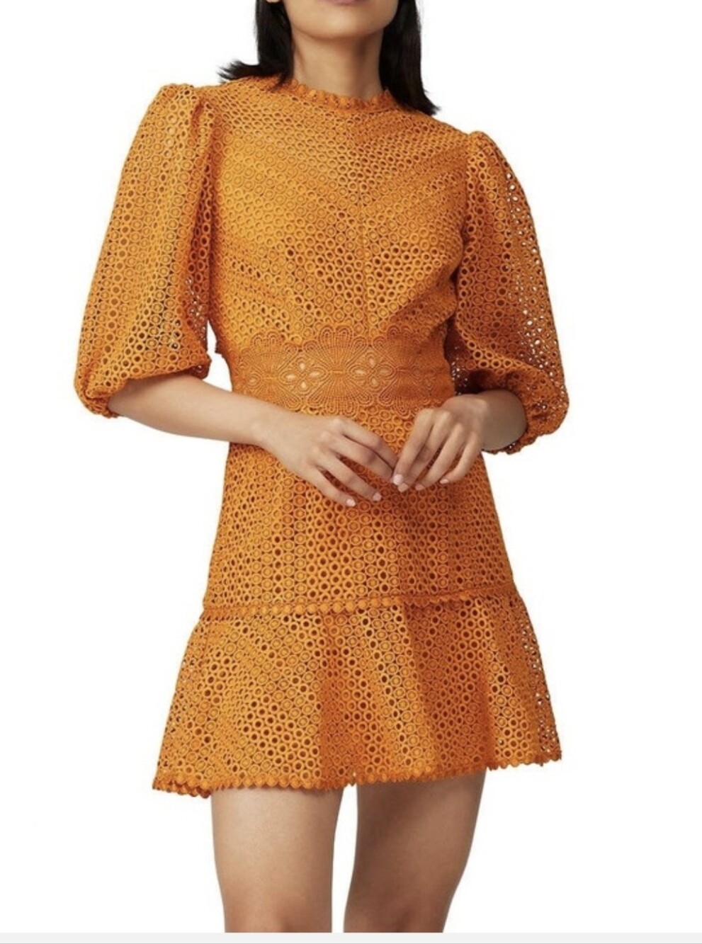 SAYLOR Milo Goldenrod Yellow Crochet Eyelet Puff Sleeve Mini Dress Size Large